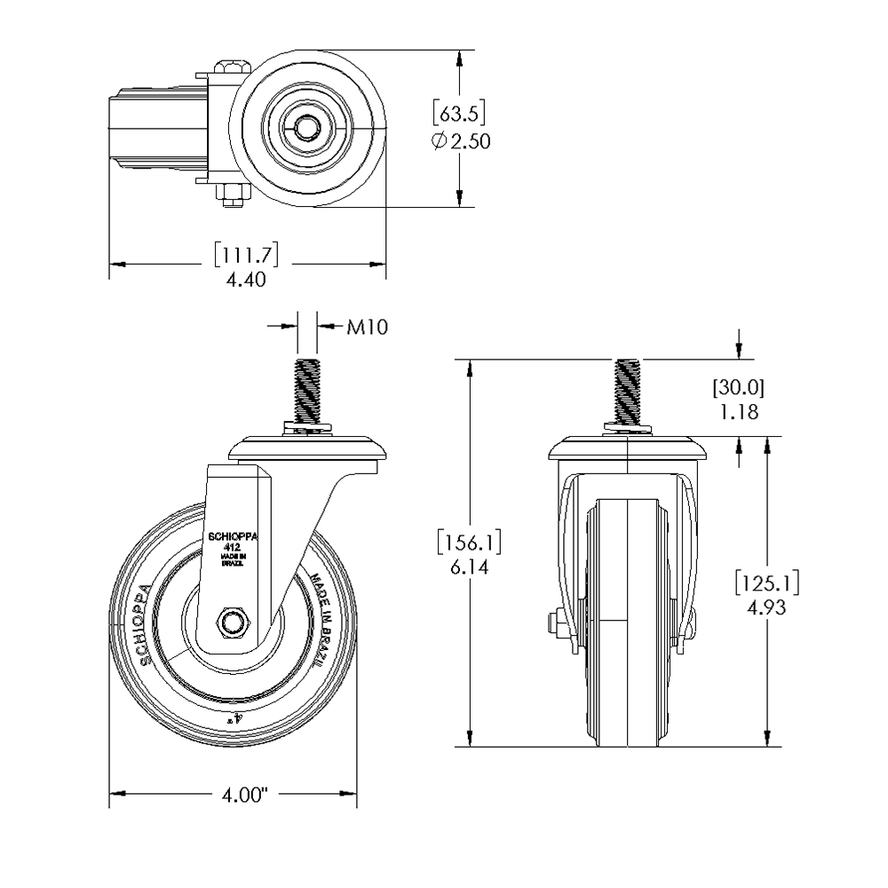 31-SM10D4-7 MODULAR SOLUTIONS ALUMINUM CASTER<br>4" SWIVEL, M10 STEM W/LOCK